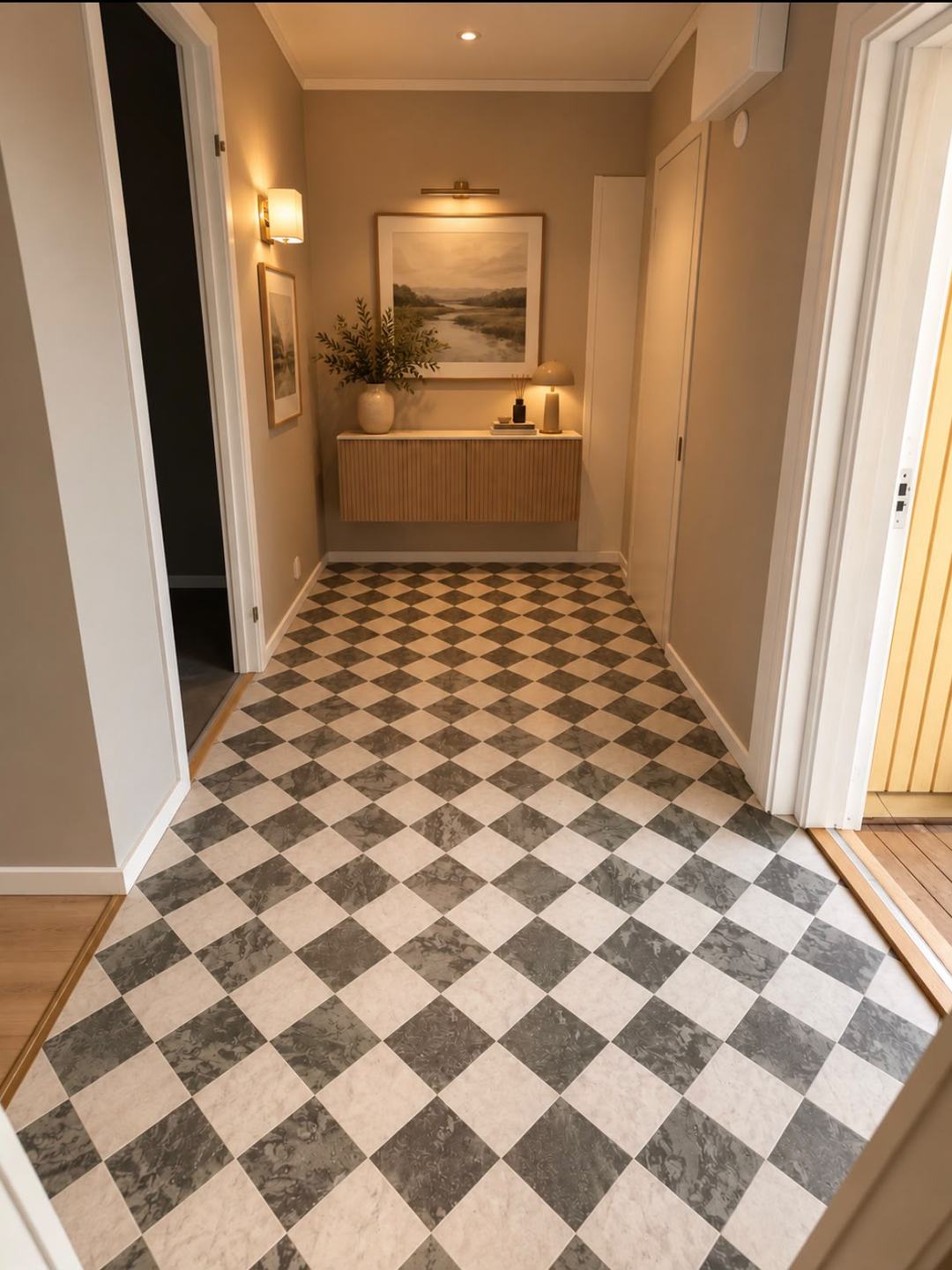 Hall med schackrutigt klinkergolv lagt diagonalt