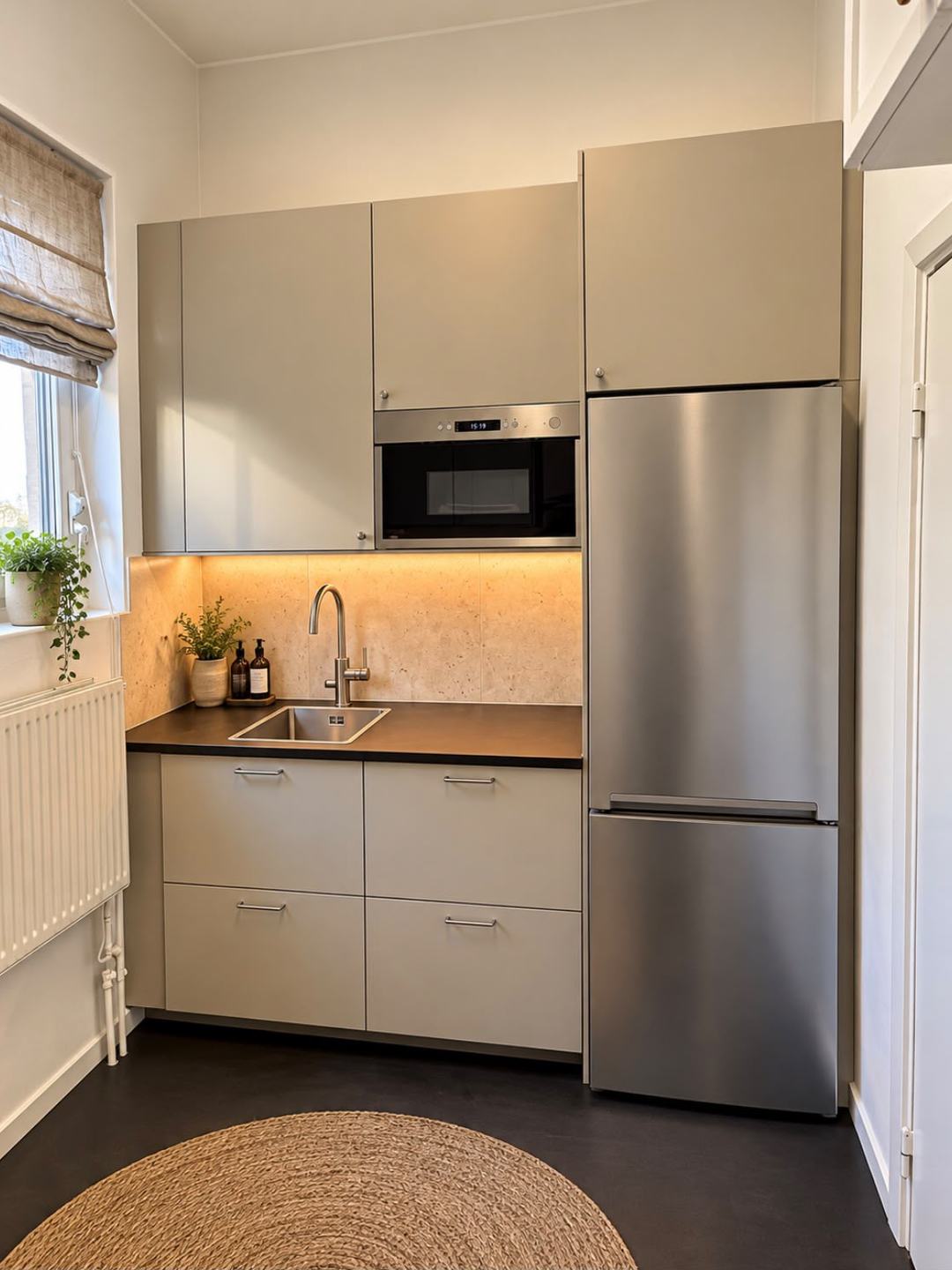 Kompakt kök med inbyggd mikrovågsugn och stänkskydd i plattor